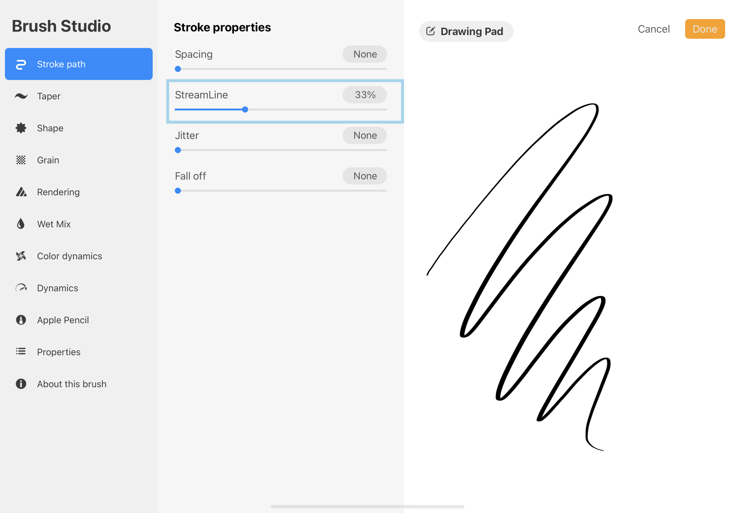 Turn on StreamLine setting in Procreate brushes for a smoother line