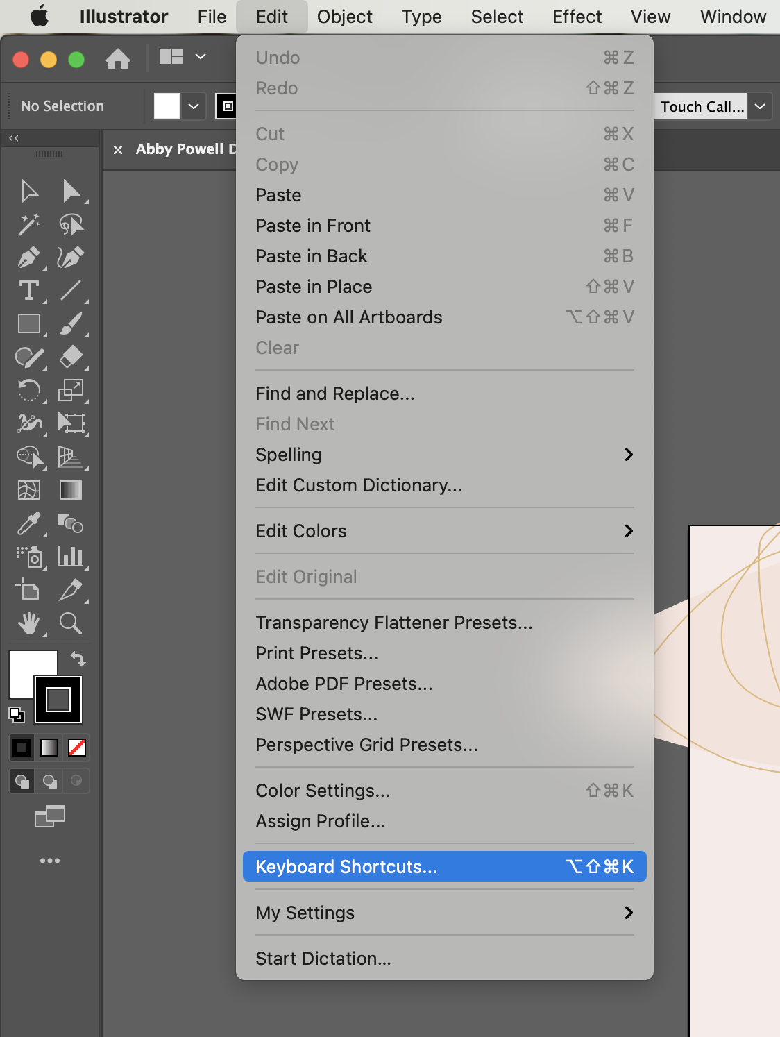 Find keyboard shortcuts in Adobe Illustrator