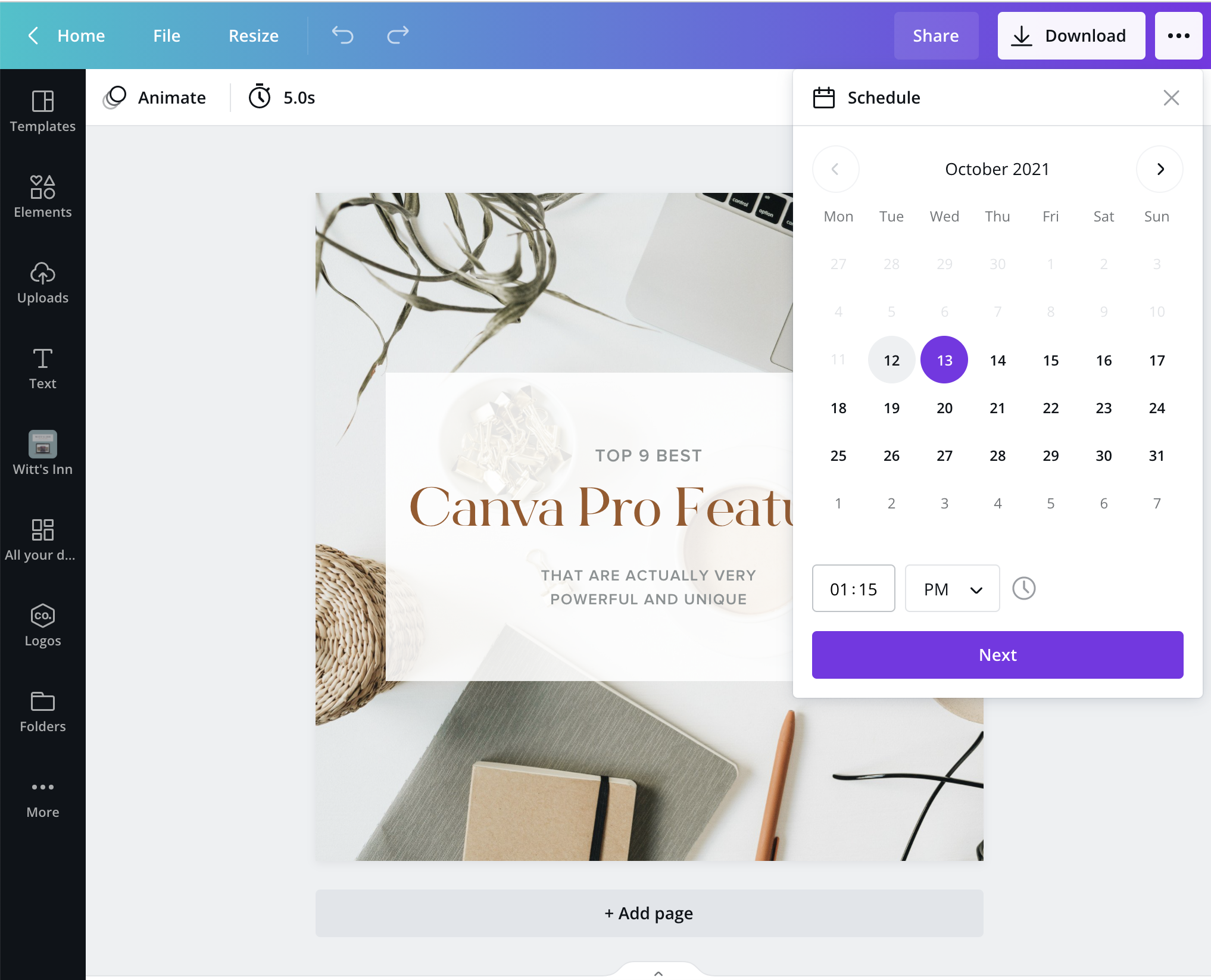 Create, schedule, and share with Canva Pro to many social media platforms.